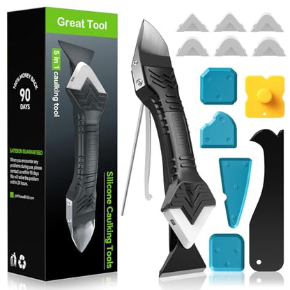Silicone Caulking Tool, 5 in 1 Caulking Sealant Finishing Tool with Grout Scraper, 6 Exchange Silicone Pads, Adhesive Residue Scraper Seam Repair Kit for Kitchen Bathroom (White) - color: White