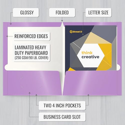 Better Office Products 2 Pocket Glossy Laminated Lavender Paper Folders, Box of 25, Letter Size, Lavender Light Purple Paper Portfolios, 25 Pack - color: Lavender