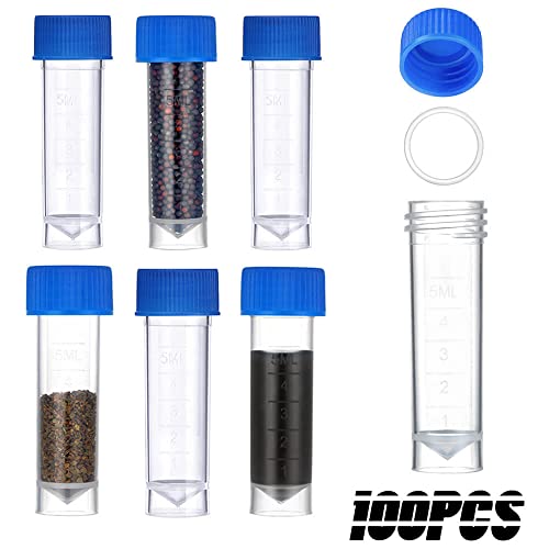 100PCS 5ml Plastic Small Vials with Screw Caps Sample Tubes Cryotubes,PP Material, Free from DNase, RNase, Human DNA - style: 5ml 100pcs