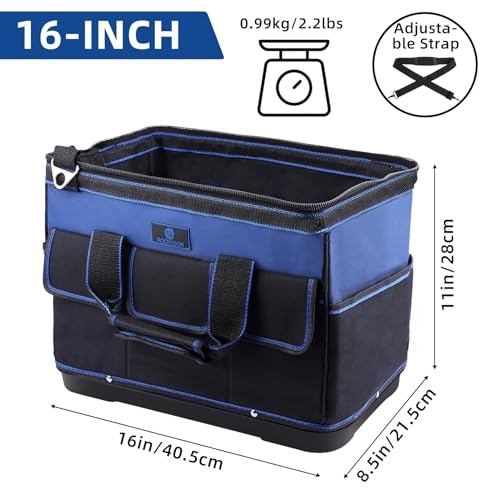 Tool Bag 16'', Multi-pocket Tool Organizer with Water Proof Plastic Base, Heavy Duty Tote with Shoulder Strap for Tool Storage, Black & Blue - color: Blue