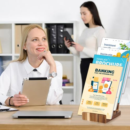 4 Tier Acacia Wood Brochure Display Stand 6 x 9 inch Brochure Holder Pamphlet Display Stand for 5.5 x 8.5 inch 5 x 7 inch Booklets Menus Postcard Holder Multi Purpose Organizer - color: Wood Color Acacia Wood