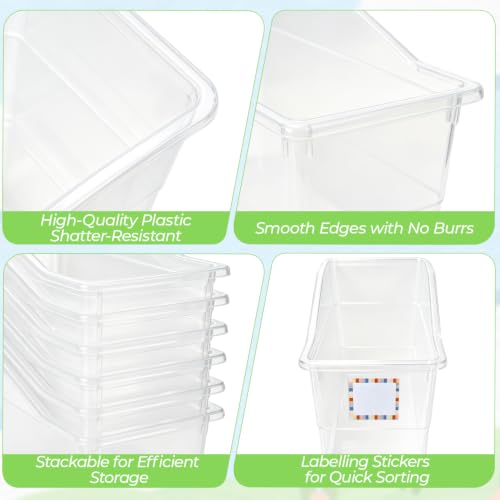 12 Pack Book Bins for Classroom Stackable Plastic Storage with Labels - color: transparent