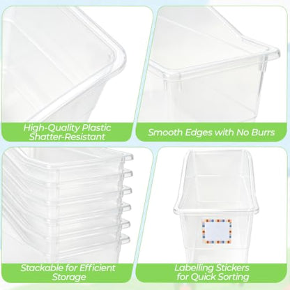 12 Pack Book Bins for Classroom Stackable Plastic Storage with Labels - color: transparent