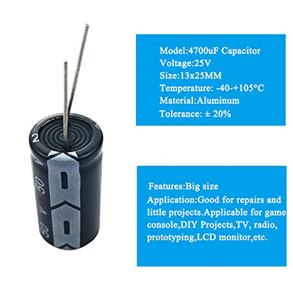 Aluminum Electrolytic Capacitor Assortment - 12x 4700uF 25V, 16x25MM for DIY Soldering & Arduino Kits