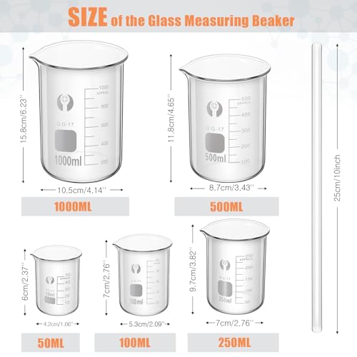 Feekoon 10 Pcs 9.8 Inch Glass Beaker Cylinder Set 50-1000ml Lab