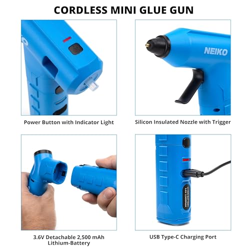 NEIKO 10582A Cordless Glue Gun, 20W Rechargeable, 20 Glue Sticks Included, Wireless Anti Drip Nozzle Mini Glue Gun for Arts and Crafts, Mini USB Charging Port, Insulated Nozzle - style: Cordless Quick Heating Glue Gun