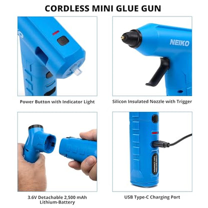 NEIKO 10582A Cordless Glue Gun, 20W Rechargeable, 20 Glue Sticks Included, Wireless Anti Drip Nozzle Mini Glue Gun for Arts and Crafts, Mini USB Charging Port, Insulated Nozzle - style: Cordless Quick Heating Glue Gun