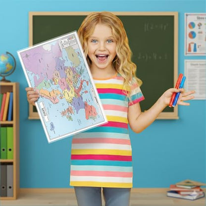 Europe Map 11x17 Laminated Dry Erase Geography Chart | Double-Sided with Color Front & Blank Outline Back | Reusable Classroom & Homeschool Tool - color: Europe