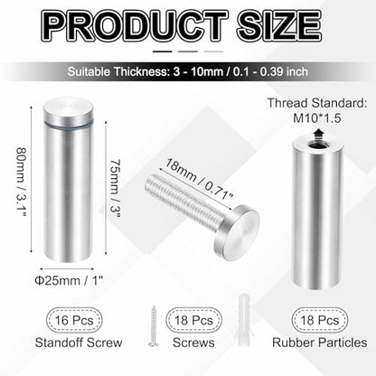 PATIKIL 1x3.1" Standoff Screws, 16 Pack Stainless Steel Stand Off Wall Mounts Wall Sign Mounting Hardware Advertising Standoff Nail for Hanging Acrylic Signs Picture Frame, Silver - size: 1x3.1"