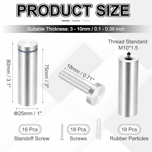 PATIKIL 1x3.1" Standoff Screws, 16 Pack Stainless Steel Stand Off Wall Mounts Wall Sign Mounting Hardware Advertising Standoff Nail for Hanging Acrylic Signs Picture Frame, Silver - size: 1x3.1"