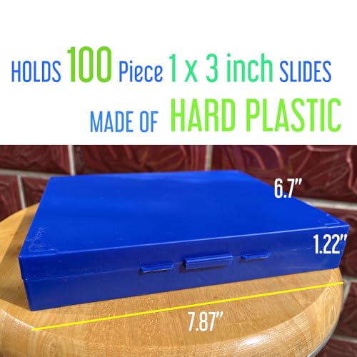 Blue Microscope Slide Box Holds 100 Slides, Plastic Microscope Slide Case Storage Holder