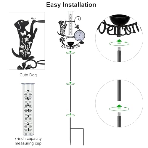 37.8" Rain Gauge Outdoor with Thermometer, Cute Dog Garden Rain Gauges - color: Black - Dog