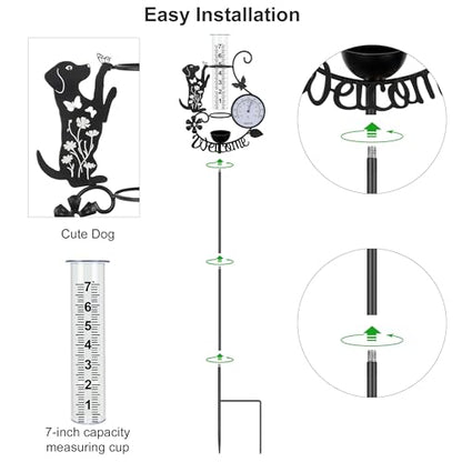 37.8" Rain Gauge Outdoor with Thermometer, Cute Dog Garden Rain Gauges - color: Black - Dog