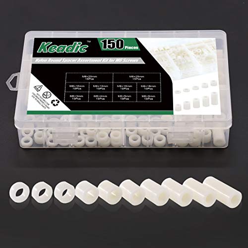 Keadic 150 Pieces Nylon Round Spacer Standoffs Assortment Kit, OD 11mm and ID 6.2mm, Length 3mm 4mm 5mm 8mm 10mm 12mm 15mm 18mm 20mm 25mm for M6 Screws
