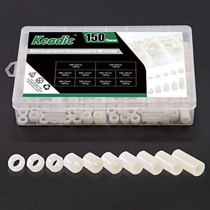 Keadic 150 Pieces Nylon Round Spacer Standoffs Assortment Kit, OD 11mm and ID 6.2mm, Length 3mm 4mm 5mm 8mm 10mm 12mm 15mm 18mm 20mm 25mm for M6 Screws