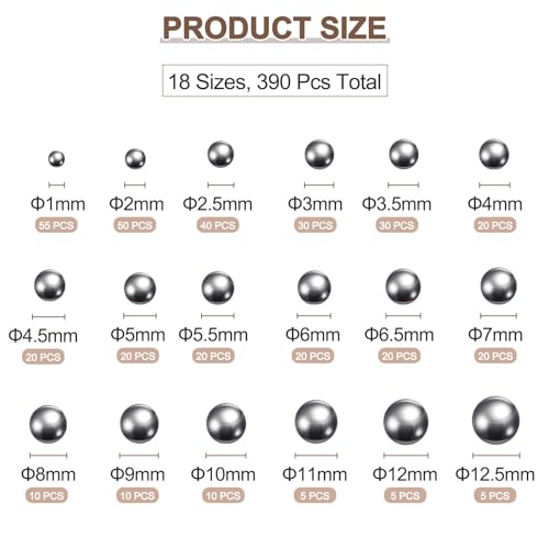 uxcell 390pcs G200 Precision Balls Assortment Kit 1mm - 12.5mm 18 Sizes