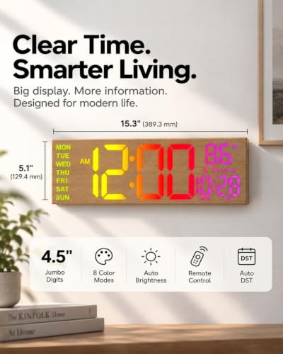 HAITANG 16.2" Wood Digital Wall Clock, 8 Colors, Remote & Night Light - color: Wood