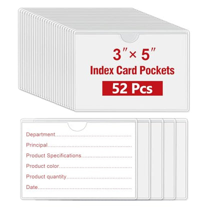 52 Pack Self-Adhesive Index Card Pockets, Clear, Top Load, 3 x 5 Inch - size: 3" x 5"