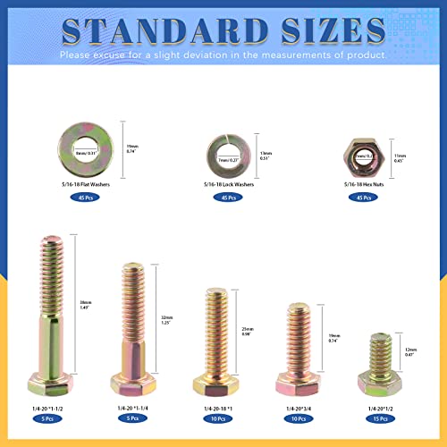 Glarks 180Pcs 1/4"-20 Grade 8 Coarse Thread Hex Bolts Nuts Screws Washers Assortment Kit, 5 Size 1/2", 3/4", 1", 1-1/4", 1-1/2" Hex Head Cap Screws and Hex Nuts Flat Washers Lock Washers Set