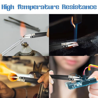 4pcs Ceramic Tweezers Stainless Steel Ceramic Precision Tweezers for Electronics, Non-Conductive Anti Static High Temperature Resistant Fine Point Tweezer for Precision Electrical Operation, Black