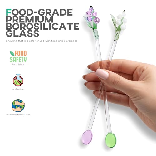 Homestia Glass Stirring Spoon, Swizzle Sticks with White Lily of the Valley - color: 2 PCS + 7.1" + White pink Bells Orchids Flower + Stirring spoon