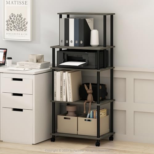 Furinno Turn-N-Tube 5-Tier Toolless Multipurpose Printer Stand Display Storage Shelf with Wheels, French Oak Grey/Black - color: French Oak Grey/Black, size: 4-Tiers Storage