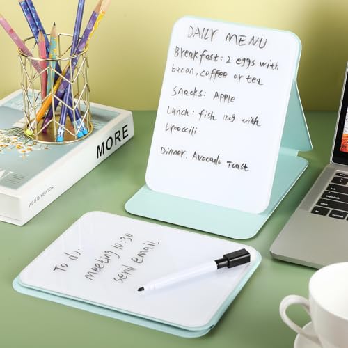 Dunzoom 2 Sets 4 Pcs Small Glass Desktop Whiteboard with Reversable Stand 8x6 Inch Mini Dry Erase White Board Easel with 2 Markers Reusable Desk Notepad for Home Office School Supplies (Green) - color: Green