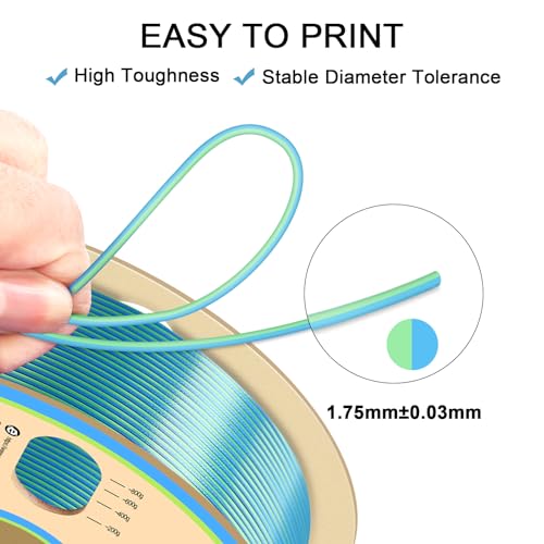 YOUSU Silk PLA Filament 1.75mm, 3D Printer Filament Coextrusion Filament Dual Color, Compatible with Most of 3D Printer, Silk Blue Green 1kg(2.2lbs). - color: 2-blue/Green