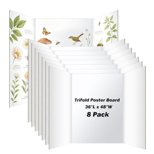 8 Pack Trifold Poster Board, 36×48 Inch Display Board with Pre-Creased Design, 3mm Thick Large Size Project Board, Multipurpose Presentation Board for Science Fairs, School Projects & Events