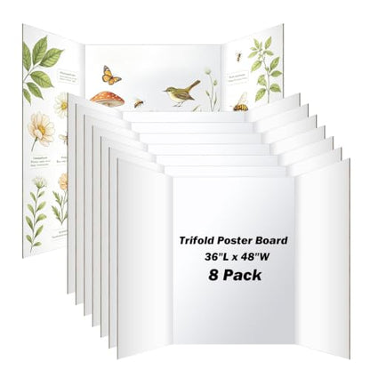 8 Pack Trifold Poster Board, 36×48 Inch Display Board with Pre-Creased Design, 3mm Thick Large Size Project Board, Multipurpose Presentation Board for Science Fairs, School Projects & Events