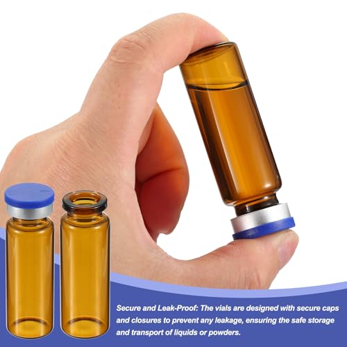 PATIKIL 15ml Sample Vials, 100 Pack Lab Empty Vials with Butyl Rubber Stopper Crimp Top Caps and Labels Borosilicate Glass Vial, Amber - color: Amber, size: 15ml