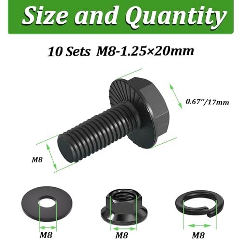 10 Set M8-1.25 x 20mm Flanged Hex Head Bolts,Flange Nuts,Flat & Lock Washers,10.9 Black Zinc Plated,Full Thread, Alloy Steel - color: Black-flange, size: M8-1.25x20mm(10 sets)