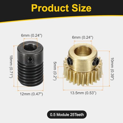 uxcell Worm Gear Set 25T 0.5 Mod 1:25 Brass Gear-6mmOD,1045 Steel Rod 6mmOD - size: Gear-6mm, Rod-6mm Bore, style: 0.5M-25T
