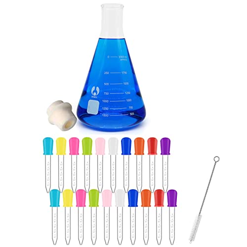 Glass Flask Erlenmeyer Flask Set 2000ml and 20 Pack Pipettes Dropper Liquid droppers 5ml Clear Eye Dropper Silicone