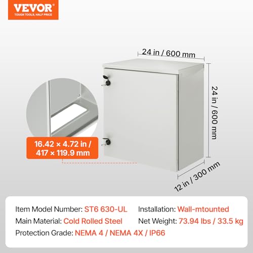 VEVOR Electrical Enclosure, 24'' x 24'' x 12'', NEMA 4 Outdoor Enclosure, IP65 Waterproof & Dustproof Cold-Rolled Carbon Steel Hinged Junction Box for Outdoor Indoor Use, with Rain Hood - size: 24'' x 24'' x 12''