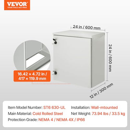 VEVOR Electrical Enclosure, 24'' x 24'' x 12'', NEMA 4 Outdoor Enclosure, IP65 Waterproof & Dustproof Cold-Rolled Carbon Steel Hinged Junction Box for Outdoor Indoor Use, with Rain Hood - size: 24'' x 24'' x 12''
