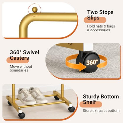 AOODA Small Clothing Rack for Hanging Clothes with Wheels, Gold