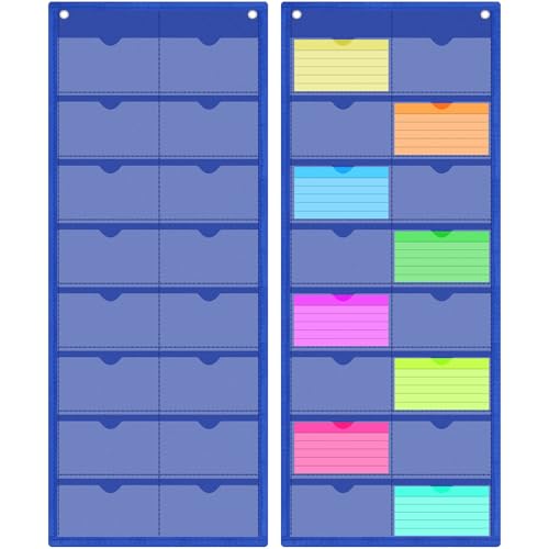 AmazingSpark 2 Pack 3'' x 5'' Index Card Holder Sleeve 16 Slot Plastic Organizer Hanging Wall Mount Business Note Cardholder PVC Clear Organizer Pocket for Classroom Office Library Home (Blue) - color: Blue
