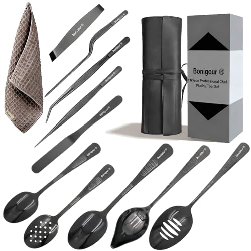| Plating Tools Culinary Set | 11 Piece Professional Chef Plating Tools Pro Kit | Kitchen Plating Utensils | Modernist Cuisine Food Art | Stainless Steel | Black (Black) - color: Black