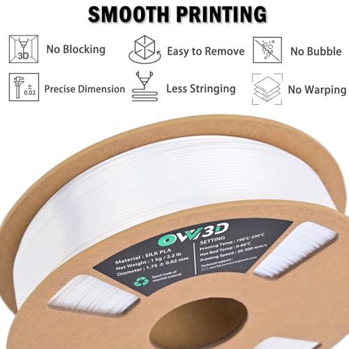 OVV3D Silk PLA Filament 1.75mm, Upgrade White PLA Filament 3D Printer Filament, Silk White 3D Printing Filament, 3D Filament 1.75 +/- 0.02mm, Silk 1.75 PLA Filament for 3D Printer and 3D Pen, 1kg - color: Silk White