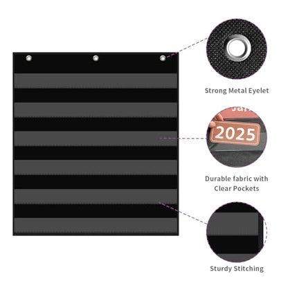 ANCOMEDO 20”W x 25”H Classroom Words Pocket Chart with 6 Clear Pockets, Black Standard Pocket Chart for Classroom and Home for Sentence Strips, Reusable Clear Pocket Hanging Words Chart (Black) - size: 20Wx25H