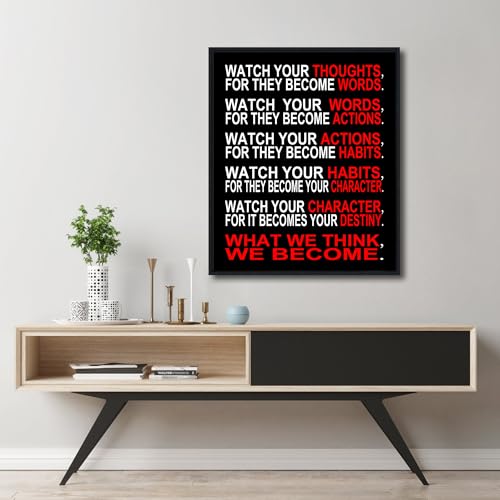 Pyradecor Framed Motivational Canvas Wall Art Watch Your Thoughts Inspirational Posters for Office Classroom - color: Black and white and red, size: 24.6"L x 20.7"W