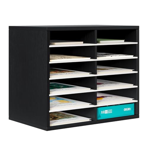 PAG-Mass Countertop Mail Sorter Organizer, Wooden Literature Organizer, Student Mailbox for Classroom, Desktop Bill Organizer for Office Home School, 12 Compartments, Black&White - color: Black&white, size: 12(6x2) Compartments
