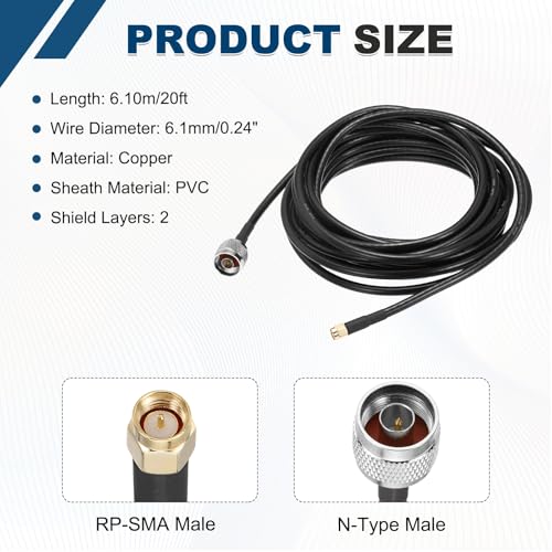 MECCANIXITY KMR240 Coax Extension Cable 50ohm 20Ft SMA Male to N-Type Male - size: 20ft
