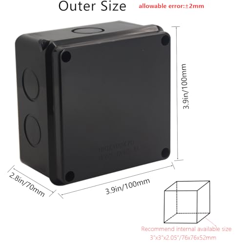 Outdoor Waterproof Box,Junction Box Reserved Holes IP65 ABS Plastic Electrical Boxes Power Cord Enclosure Project Box Black Outer Size 3.9 x 3.9 x 2.8 inch(100x100x70mm) - size: 3.9" x 3.9" x 2.8"