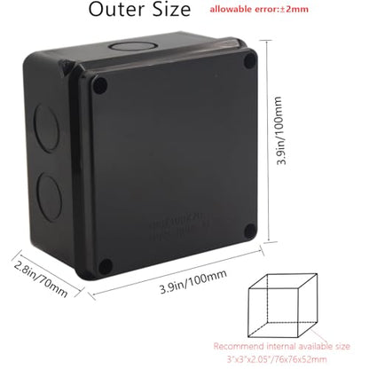 Outdoor Waterproof Box,Junction Box Reserved Holes IP65 ABS Plastic Electrical Boxes Power Cord Enclosure Project Box Black Outer Size 3.9 x 3.9 x 2.8 inch(100x100x70mm) - size: 3.9" x 3.9" x 2.8"