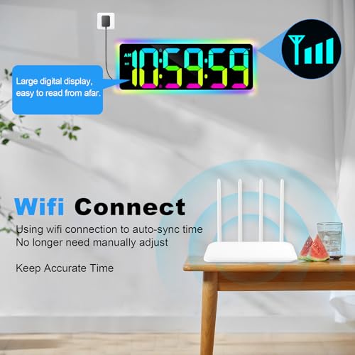 TXL 17.2" WiFi Digital Wall Clock with Seconds, Large Countdown Timer for Classroom Home Gym Office, Alarm Clock with Remote Control, RGB Ambient Lights, 4 Dimmable Brightness, Auto DST(RGB) - color: Rgb