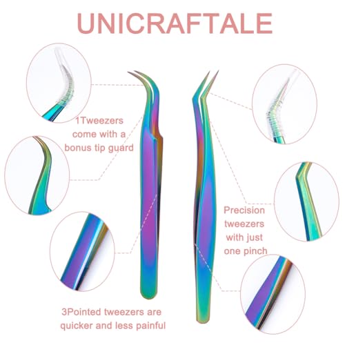 UNICRAFTALE 4pcs 2 Styles Stainless Steel Curved Pointed Craft Tweezer Rainbow Eyelash Tweezers Clips Sticker Picking Tool Tweezer for DIY Craft Precision Tweezers Jewelry Making - color: Rainbow-2 Styles