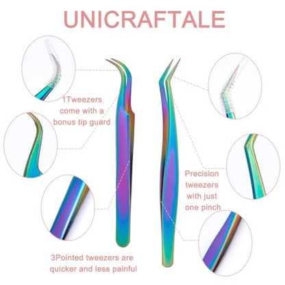 UNICRAFTALE 4pcs 2 Styles Stainless Steel Curved Pointed Craft Tweezer Rainbow Eyelash Tweezers Clips Sticker Picking Tool Tweezer for DIY Craft Precision Tweezers Jewelry Making - color: Rainbow-2 Styles
