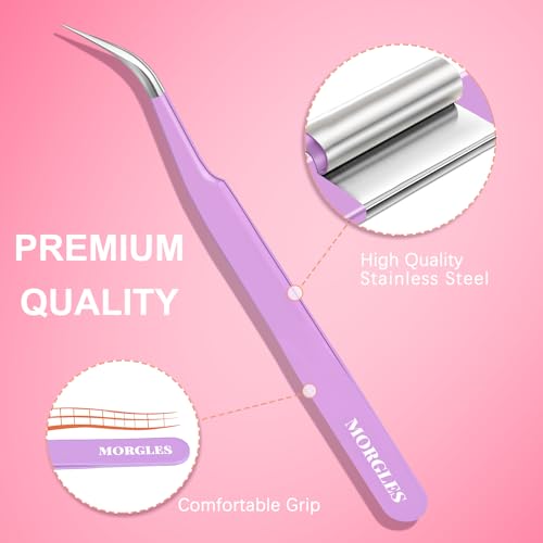 MORGLES High Precision Lash Tweezers Set, 5 in 1 Eyelash Extension Tweezers - color: Pink